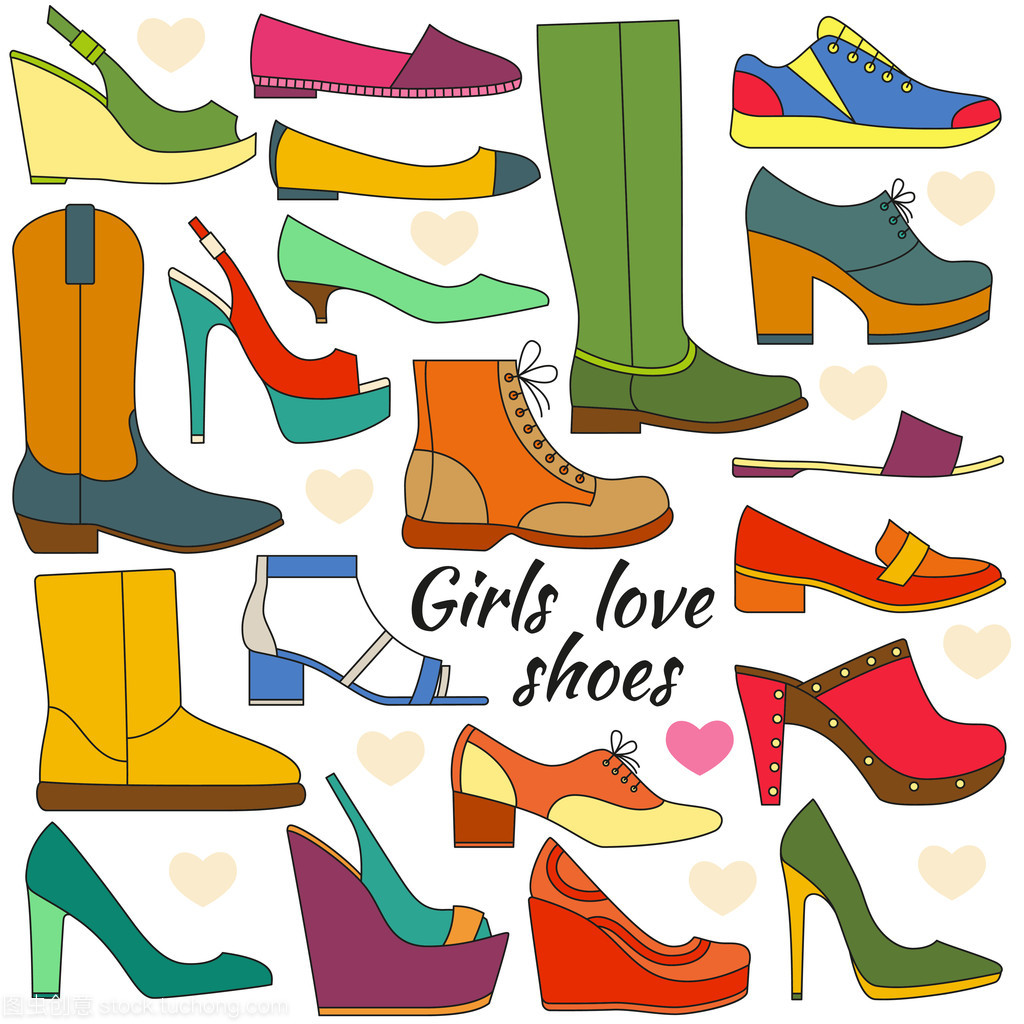 彩色轮廓图标集。不同的女人的鞋子。矢量图